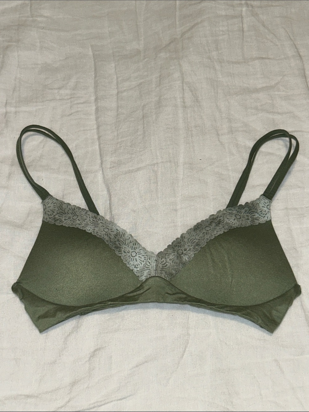 Aerie Real Sunnie Wireless Pushup Olive Green Lace Trim Bra